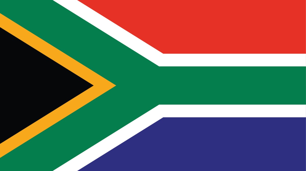Flag_South Africa Horizontal bands in red, white, blue, white, and green. In the center, there is a black isosceles triangle pointing toward the hoist, bordered by thin yellow stripes, which in turn are bordered by thicker white lines. Inside the triangle, there is a green "Y" shape, separated from the triangle edges by narrow white bands.