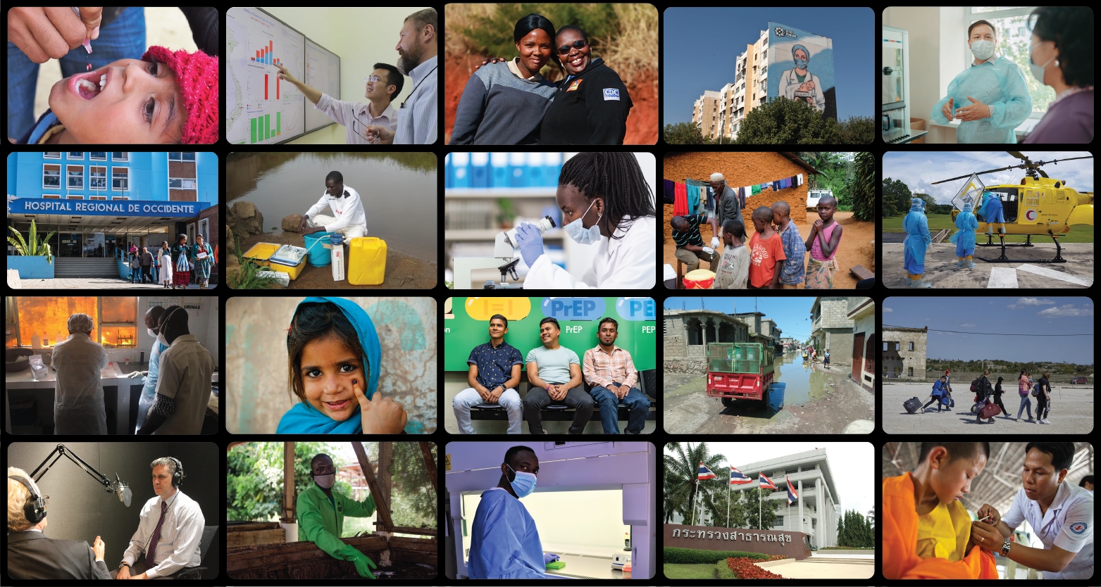 -- title missing -- Collage of 20 images showcasing global health work, black lines around each image..