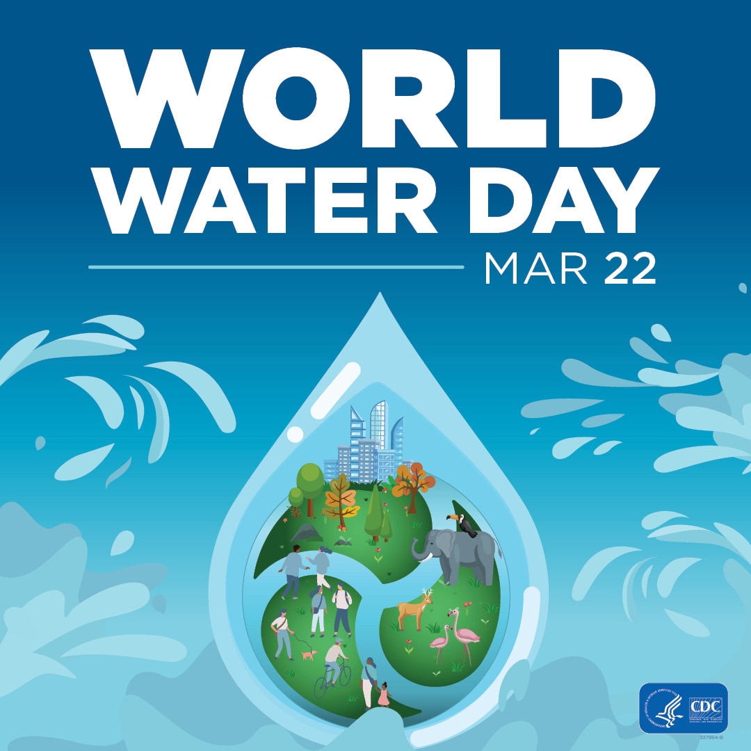 World Water Day is on March 22. Water droplet featuring a globe with animals, people, and environment.