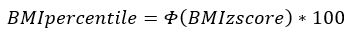 data-file-formula2 BMI percentile is equal to the CDF of the BMI z-score multiplied by 100.