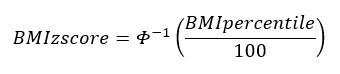 data-file-formula8 BMI z-score equals the inverse CDF of the standard normal distribution of the quotient of BMI percentile divided by 100.