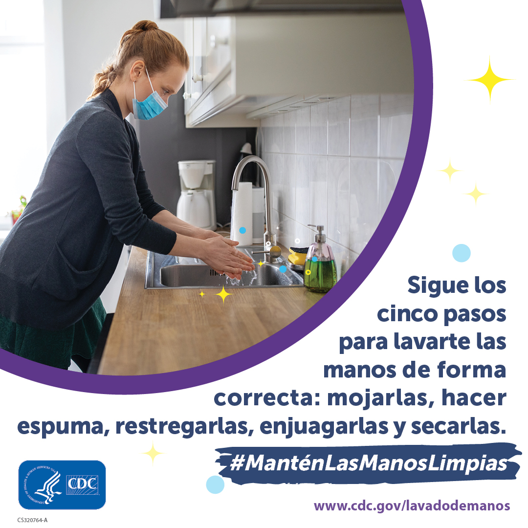 Siga los 5 pasos para lavarse las manos de la manera correcta: mojar, hacer espuma, frotar, enjuagar y secar.
