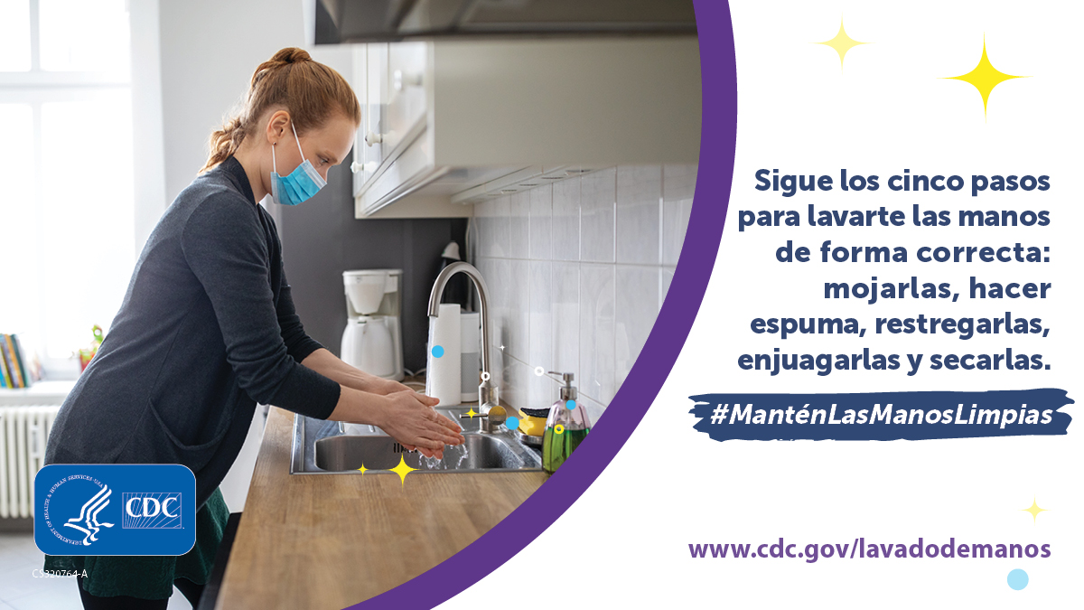 Siga los 5 pasos para lavarse las manos de la manera correcta: mojar, hacer espuma, frotar, enjuagar y secar.