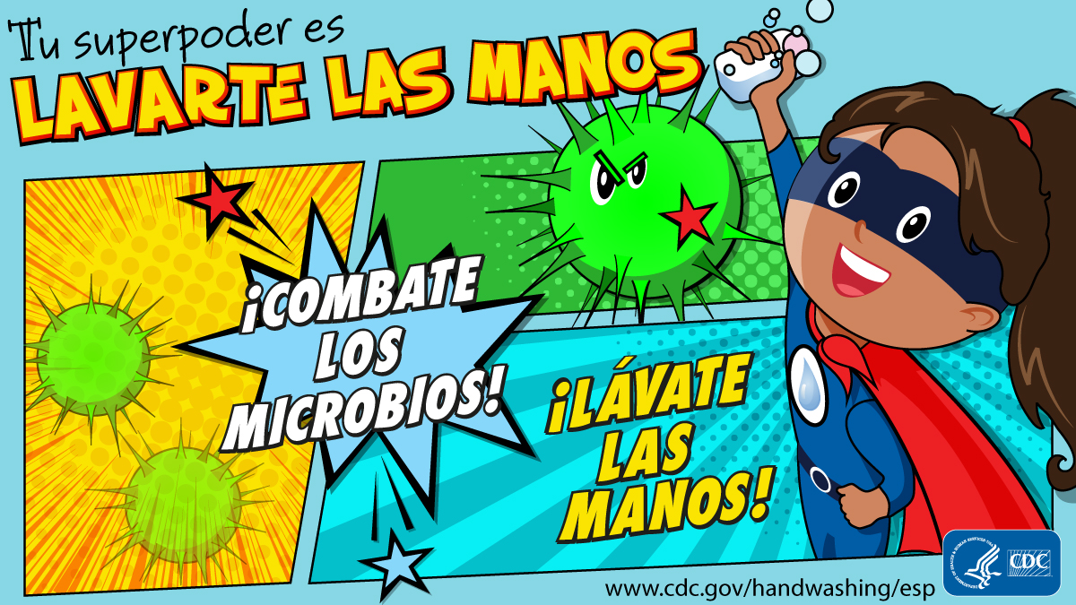 ¡Lavarse las manos es tu superpoder! ¡Lucha contra los gérmenes! ¡Lávese las manos! Una niña como superhéroe.