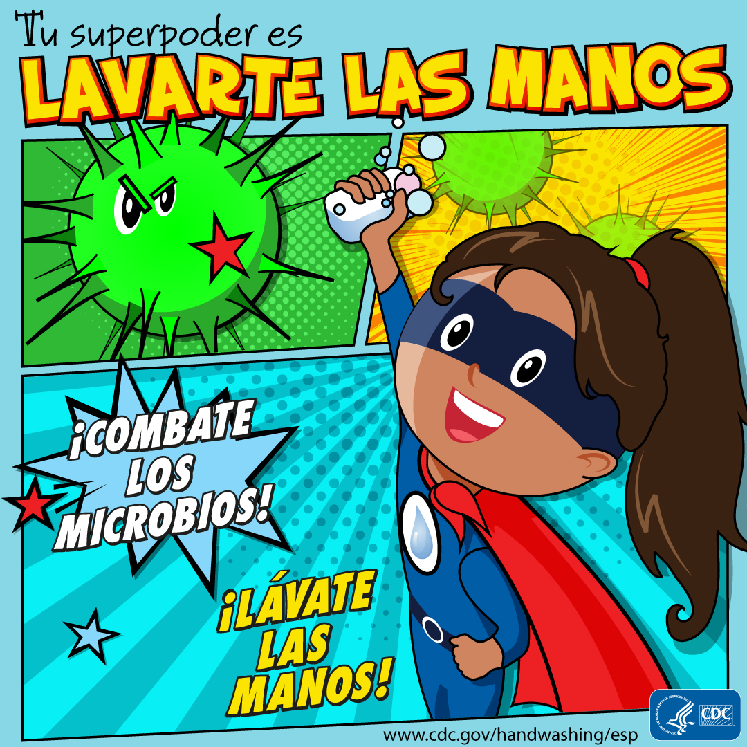 ¡Lavarse las manos es tu superpoder! ¡Lucha contra los gérmenes! ¡Lávese las manos! Un niña como superhéroe.