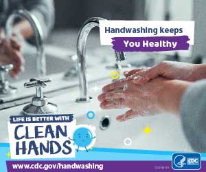 Close-up of a man washing his hands in a kitchen and a reminder to make handwashing a healthy habit.