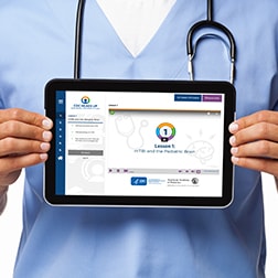 Male doctor holding a digital tablet isolated on white photo: training loaded on a tablet