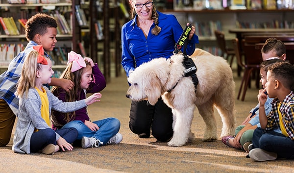Children in library with reading assistance dog Children in library with reading assistance dog