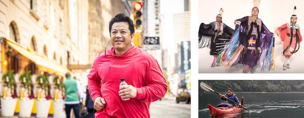 CDC’s Division of Nutrition, Physical Activity and Obesity (DNPAO) protects the health of Americans at every stage of life by encouraging regular physical activity, good nutrition, and preventing adult and childhood obesity. Three-photo collage of man jogging in the city, Native American woman kayaking and three young Native Americans participating in Powwow Sweat dance.