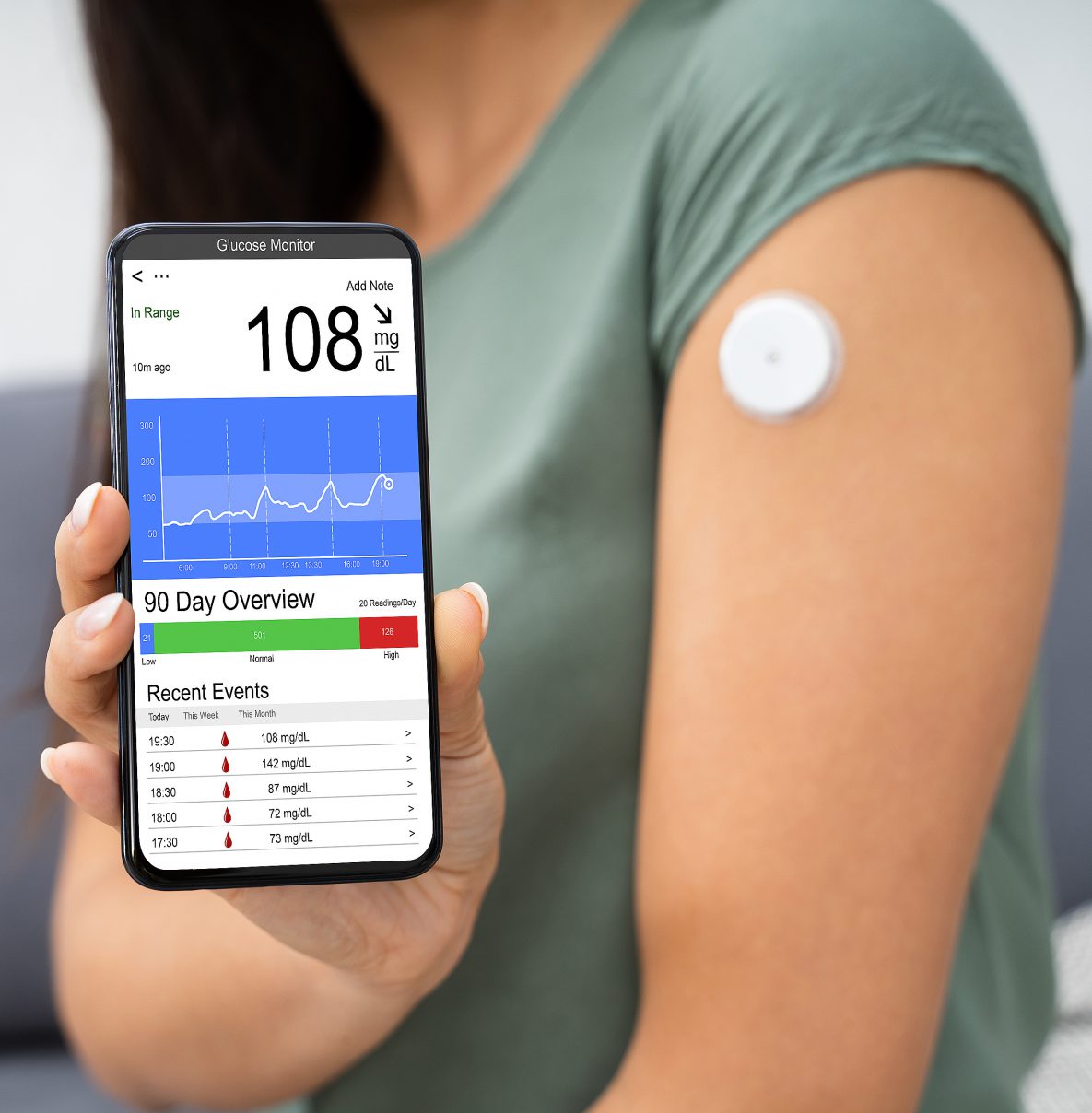 Woman Checking Blood Sugar Level On Smart Phone