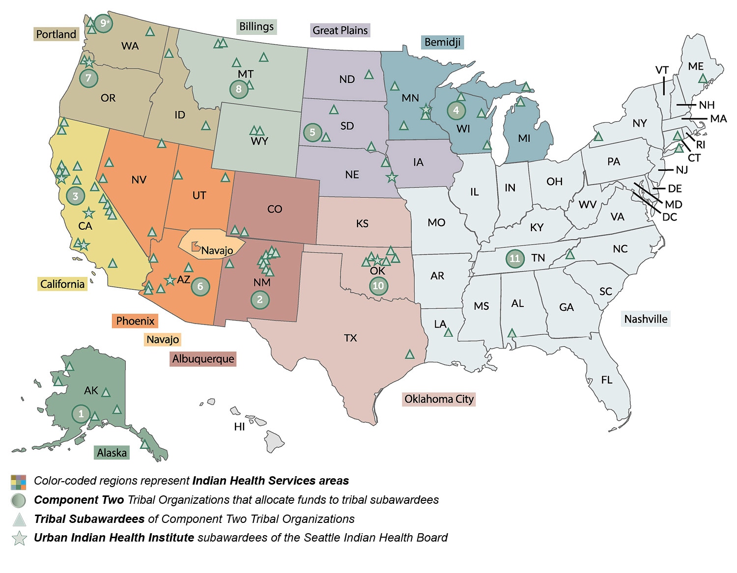 Subawardee_MapAndKey GHWIC subawardee funding map with numbered markers at all component two awardees and triangle markers for subawardees
