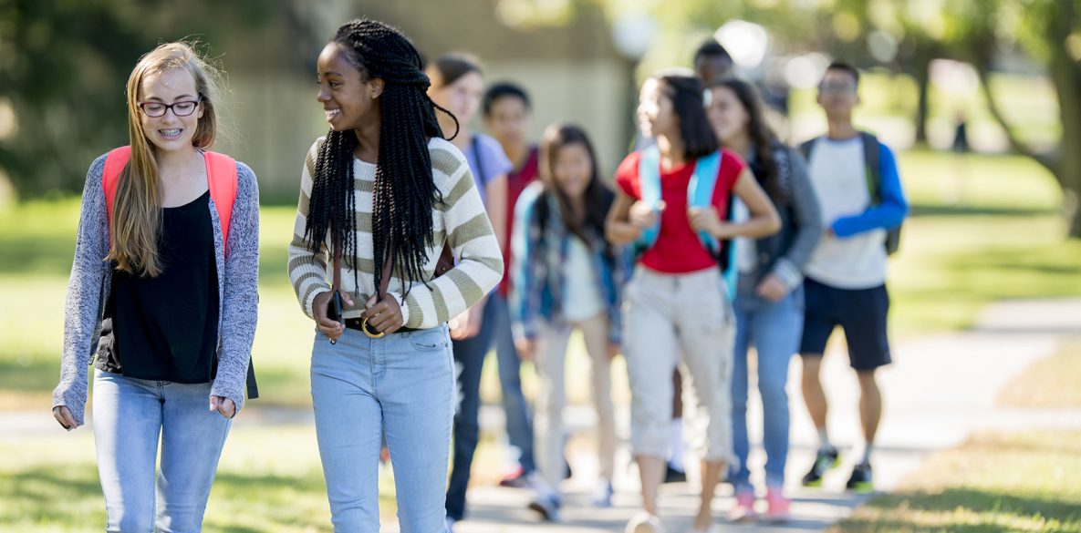 A group of high school students walking to school
