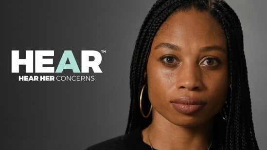 -- title missing -- Campaign image with a woman on a dark background with the words "hear her concerns" overlaid.