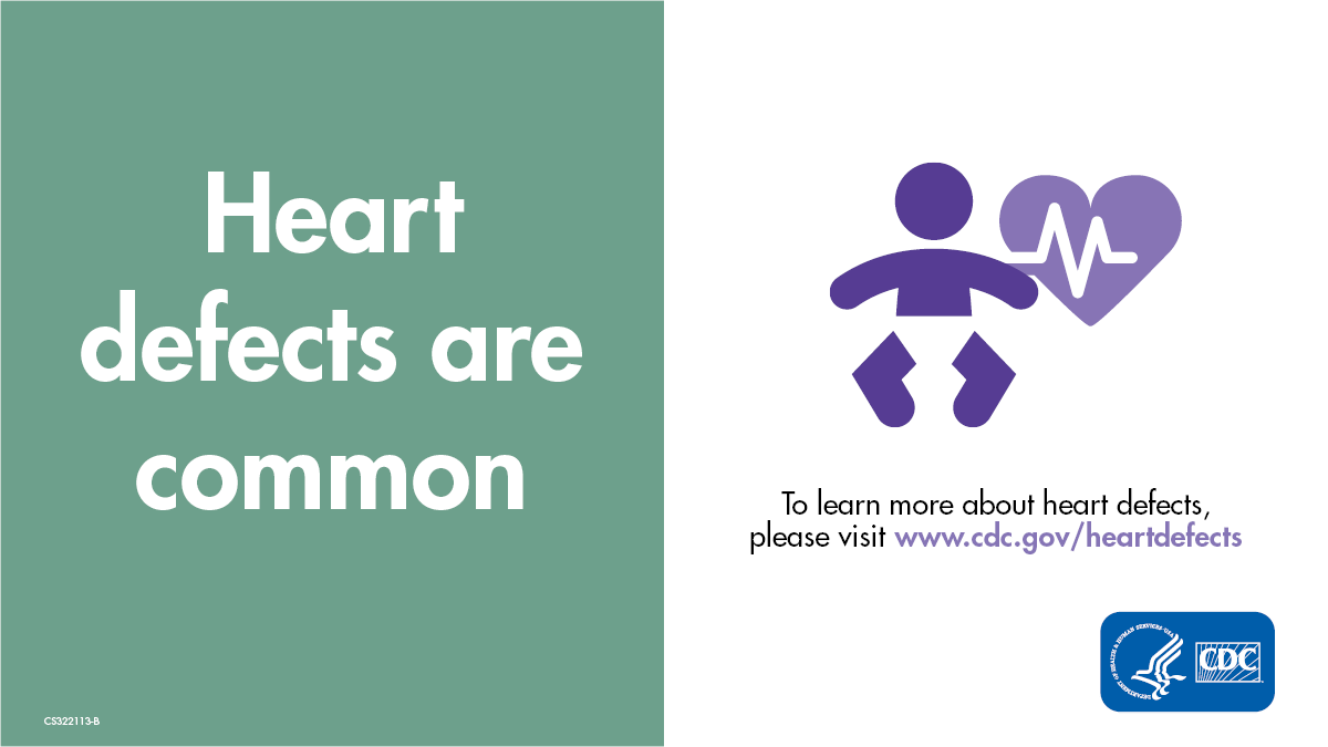 Text on the left: "Heart defects are common" and a baby icon on the right