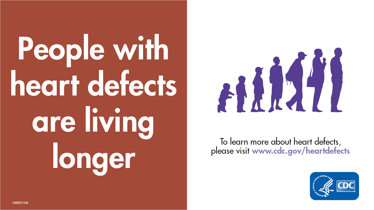 Text on the left: "People with heart defects are living longer" and an icon showing people growing older on the right
