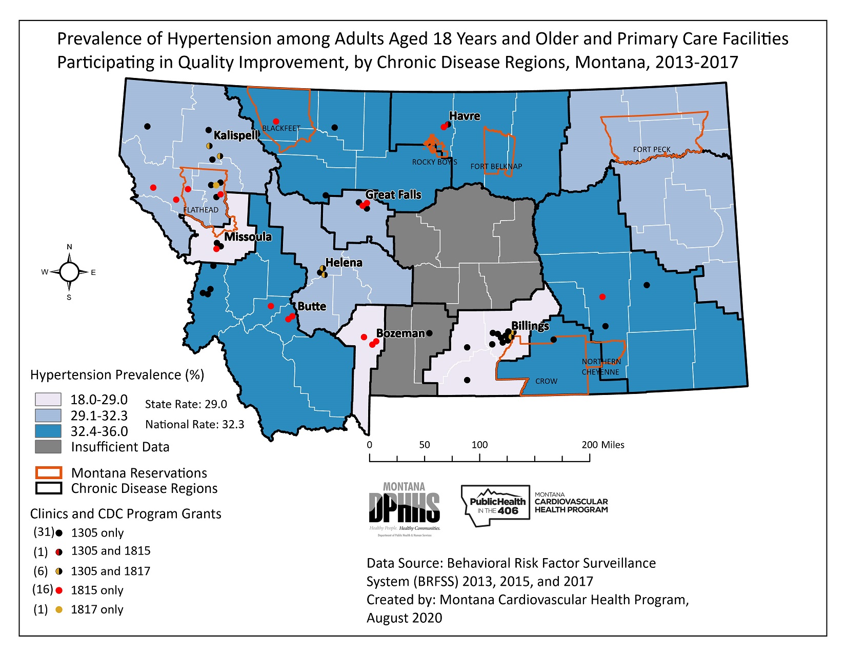 MT_Hypertension Prev. of Hypertension in Adults 18 yrs. plus and Prim. Care Facilities Participating in improvement by regions, MT 2013-2017