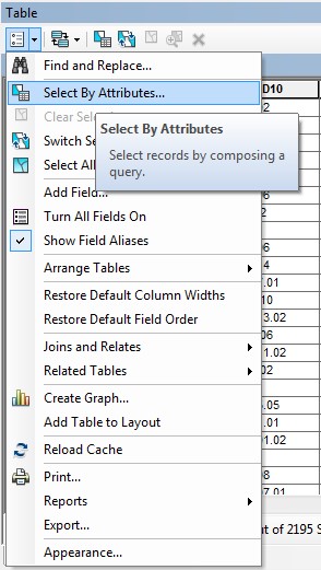 AggData11 The Table Options window with the Select by Attributes option highlighted.