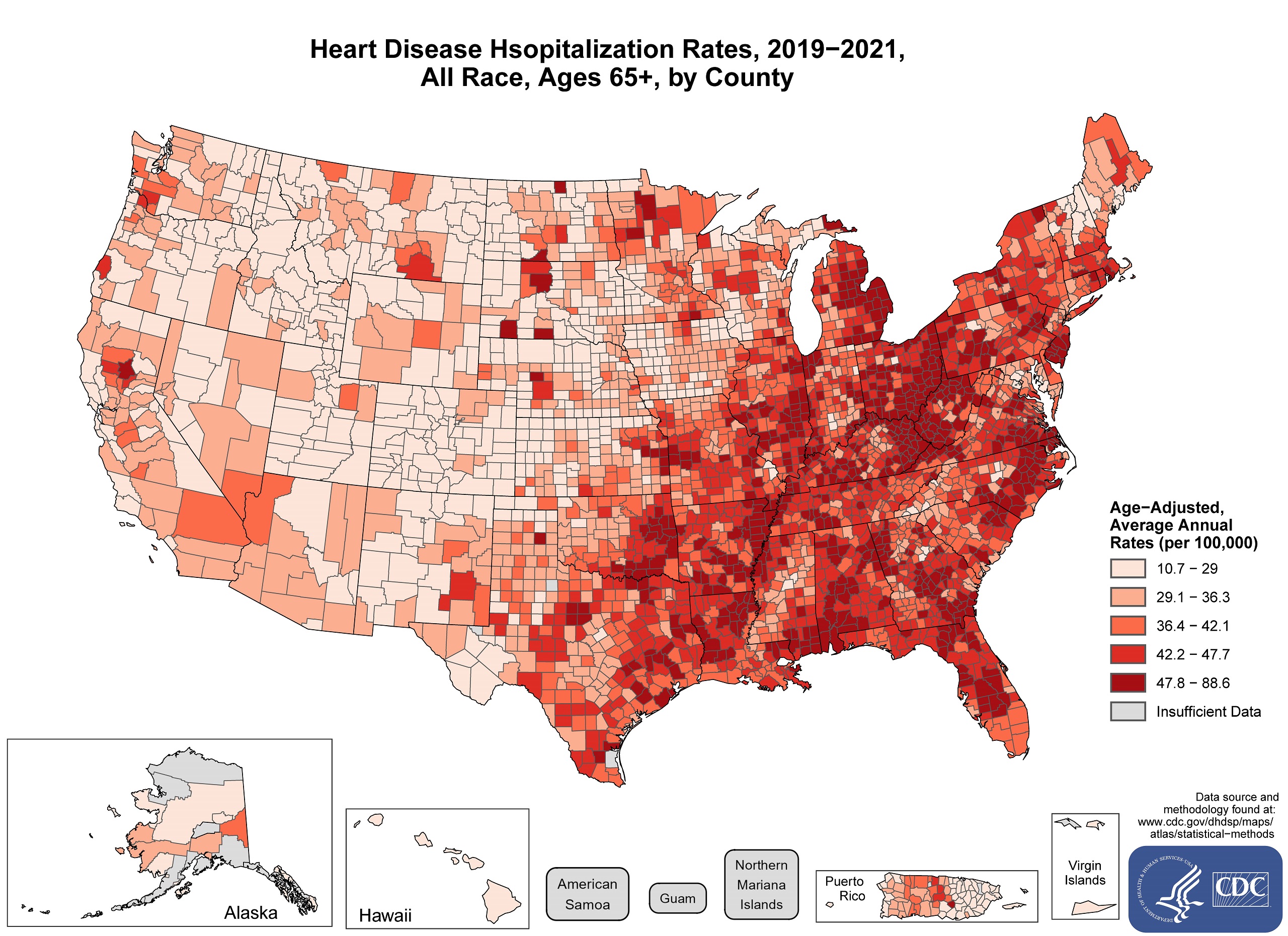 hd_hospitalization_all The map shows that concentrations of counties with the highest heart disease hospitalization rates, all races aged 65 years and older - meaning the top quintile - with heavy concentrations of high-rate counties in Michigan, Illinois, Missouri, Arkansas, Texas, Oklahoma, Louisiana, Mississippi, Alabama, Georgia, Floria, Tennessee, Kentucky, Indiana, Ohio, North Carolina, South Carolina, Virgina, West Virigina, Delaware, Maryland, New Jersey, New York, Pennsylvania, Vermont, Massachusetts, Rhode Island, Connecticut, Washington, D.C.