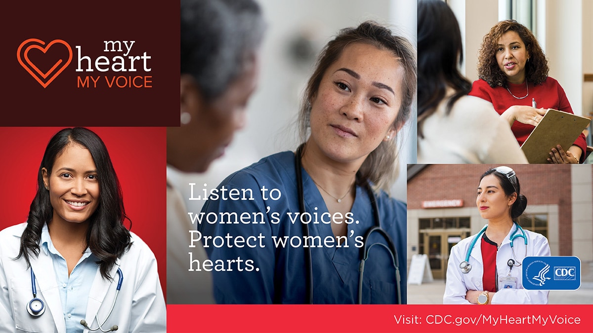 Collage of four different women in health care settings. Listen to women's voices, protect women's health.