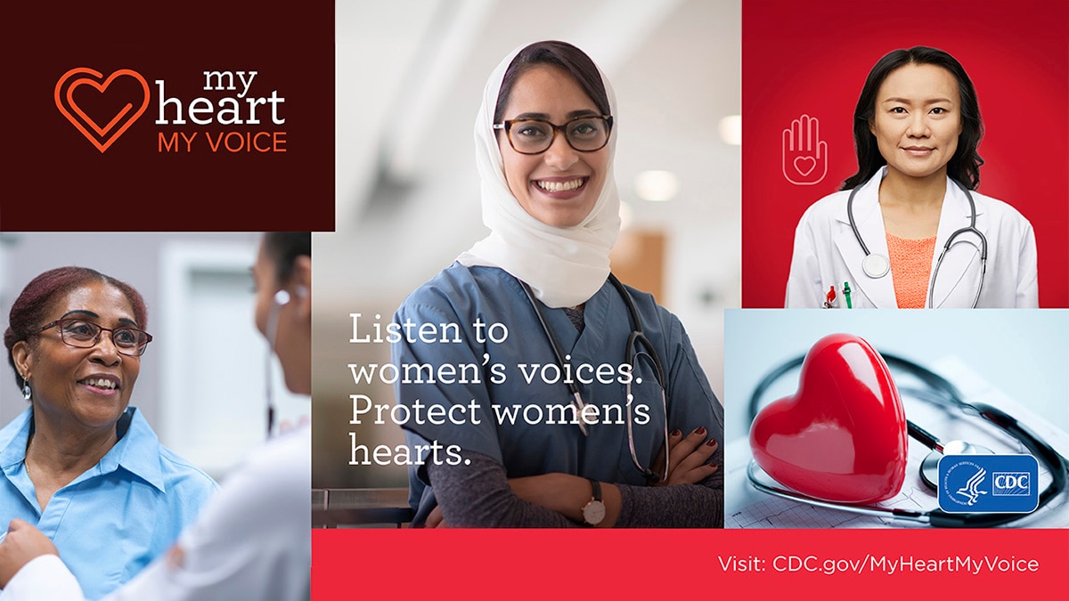 Collage of three different women working in a health care setting. Listen to women's voices, protect women's hearts.