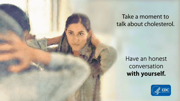 Take a moment to talk about cholesterol. Have an honest conversation with yourself. Image of a woman looking in the mirror.