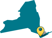 Shape of New York with a pin at New York City