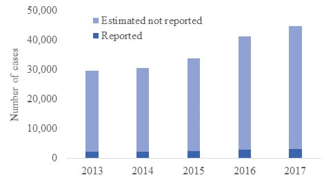 Bar chart for years 2013 through 2017. Y axis has number of cases, ranging from 0 to 50,000.