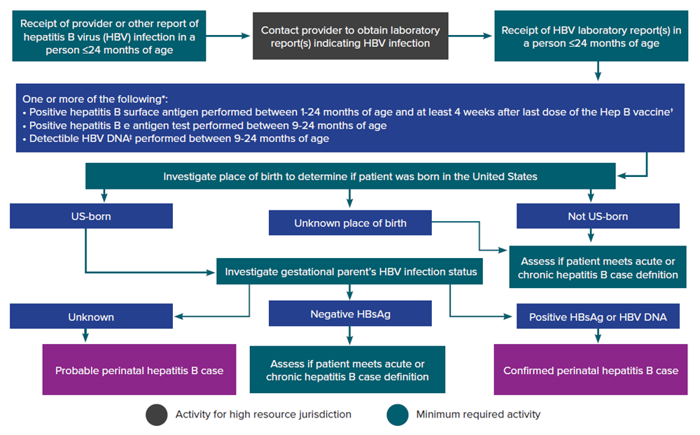 Figure3-4 Figure 3-4 illustrates an approach for perinatal hepatitis B case ascertainment and classification. The flow chart begins with receipt of a provider report, laboratory report, or other report indicating hepatitis B virus infection in an infant or child 24 months of age or younger and walks through follow-up and case classification decisions based on available information. Recommended follow-up activities are color-coded based on if they are minimumly required or are high resource.