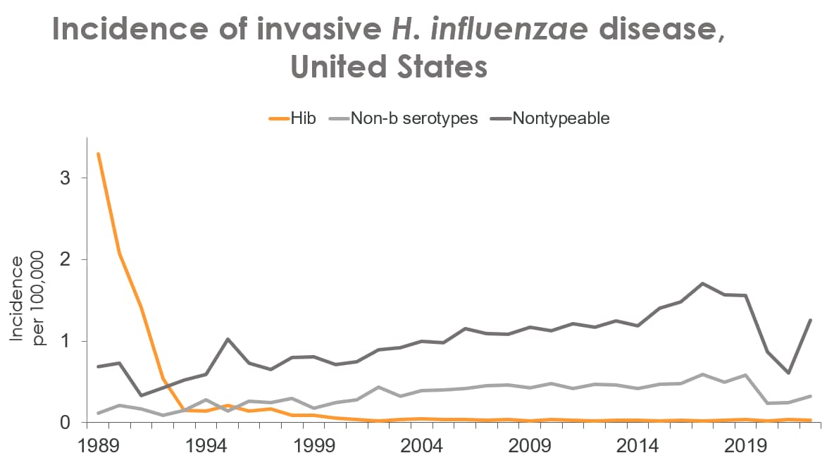Figure 1 shows estimated incidence rates (per 100,000 persons) of invasive H. influenzae disease caused by serotype b, other serotypes excluding b, and nontypeable bacteria in the United States from 1989 through 2022.