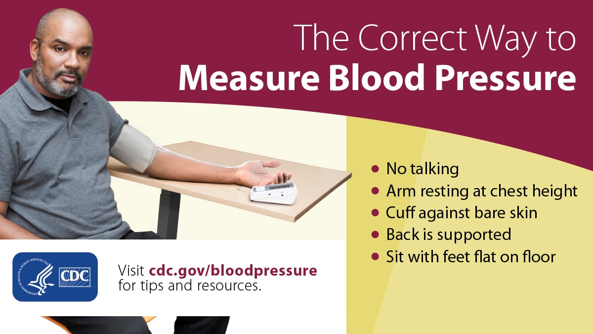 The correct way to measure blood pressure: no talking, arm resting at chest height, cuff against bare skin, back is supported, sit with feet flat on floor.