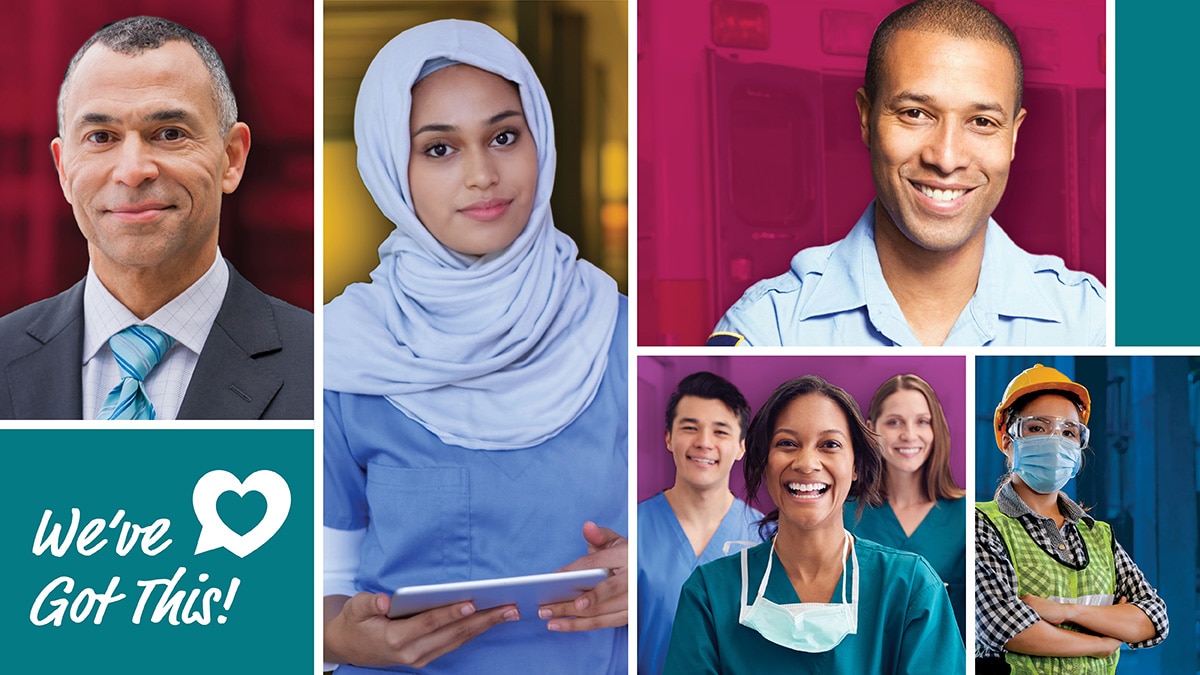 Collage of people in various professions and settings along with the CDC logo saying, “We’ve Got This!”