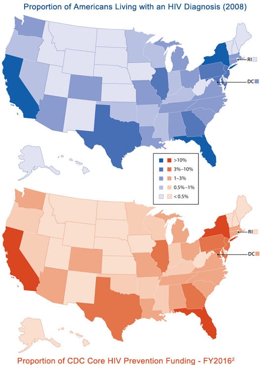 prevention_programs_healthdept_maps_530x740.jpg Here are two photos of U.S. maps with states. The first depicts the proportion of Americans living with an HIV diagnosis at the end of 2008. The second map shows how HIV prevention resources will closely match the geographic burden of HIV by fiscal year FY2016.