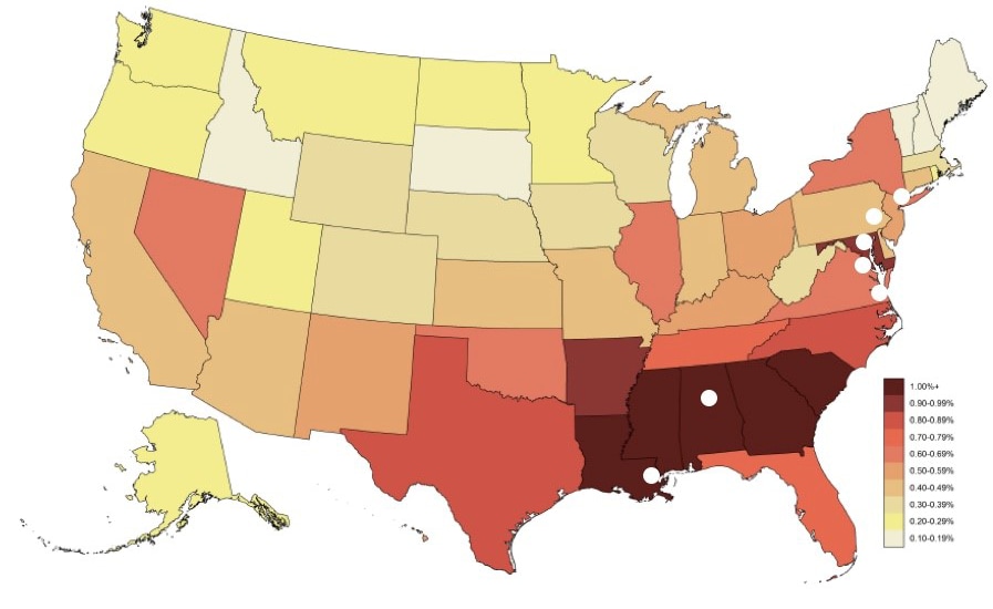 The THRIVE locations on a map of the US stratified by state rates of new HIV diagnoses among MSM per 100 MSM 2012-2013. It shows the 7 THRIVE sites (NYC, Philadelphia, Baltimore, DC, Eastern Virginia, Alabama, and Louisiana depicted with a dot)