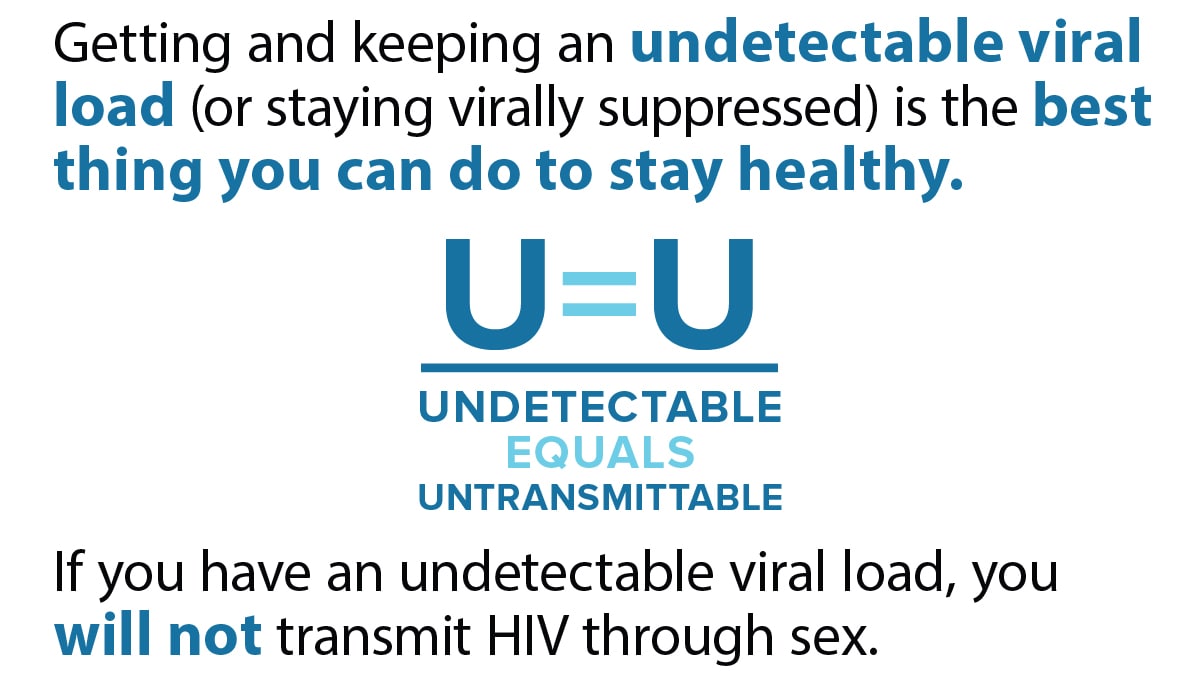 Getting and keeping an undetectable viral load (or staying virally suppressed) is the best thing you can do to stay healthy. If you have an undetectable viral load, you will not transmit HIV through sex.