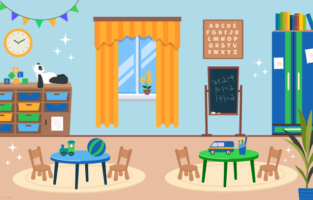 338168-A Illustration-04-2000px children's classroom with chalkboard, stuffed animals, small tables and chairs