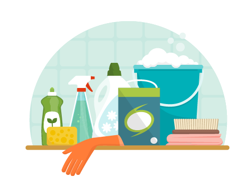 Illustrations-10 cleaning supplies: bucket of suds, bottles of cleaners, sponge, rubber gloves