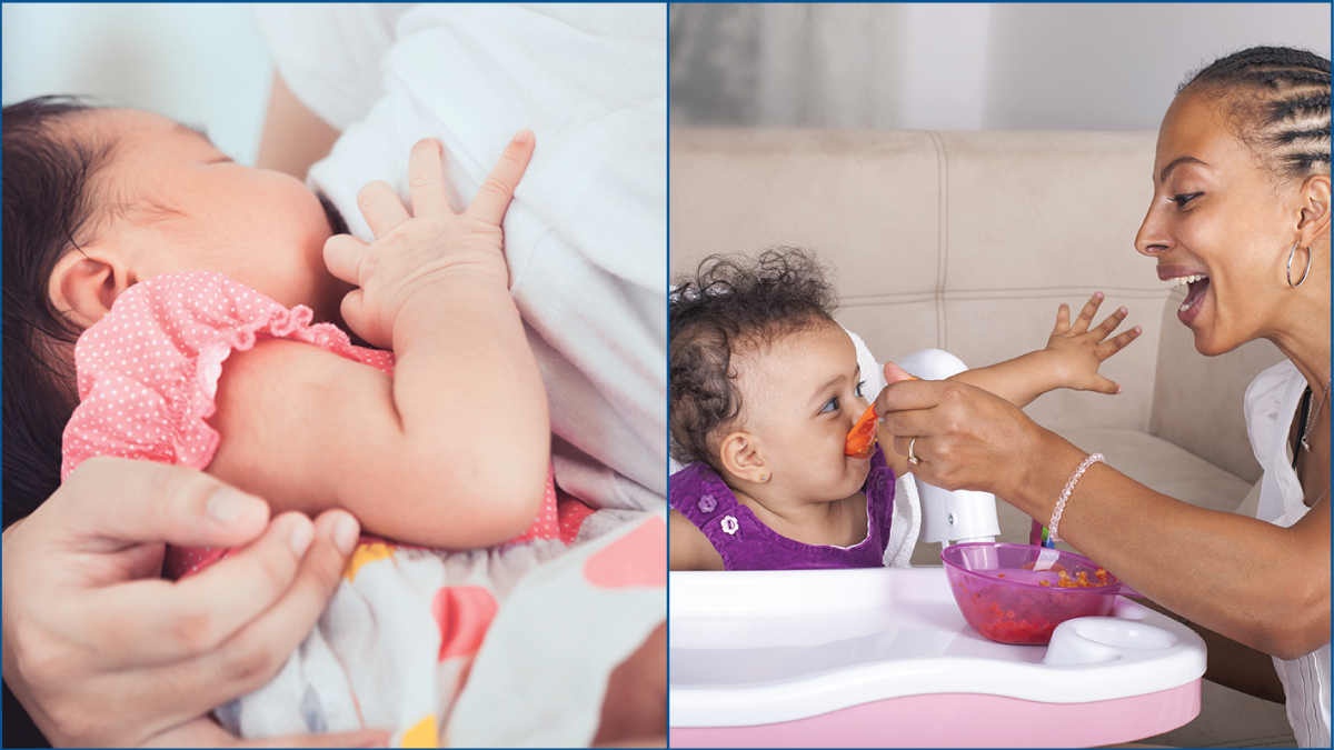 Infant toddler nutrition banner Two photos. One on left is an infant breastfeeding. One on right is a mother feeding a toddler who is sitting in a high chair.