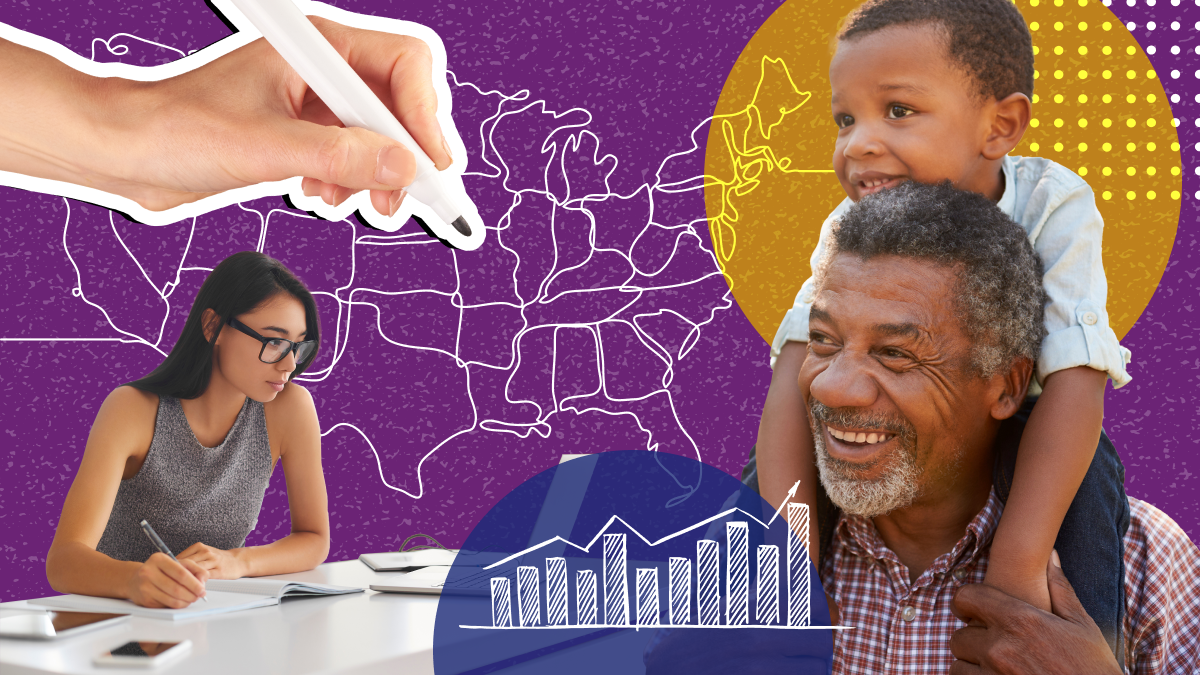 Injury Center Funding Stock photo of a United States map, a woman doing research, and a grandfather and grandson.