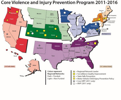 core_vipp_summary_map420w328h Map: Core Violence and Injury Prevention Program 2011-2016