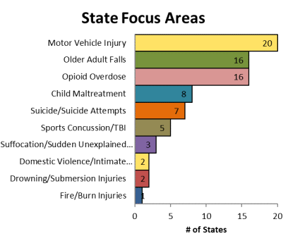 core_vipp_summary_state_focus_areas410w335h State Focus Areas: 20 states focus on Motor Vehicle Injury at the top of the chart; 1 state focuses on Fire/Burn Injuries at the bottom of the chart