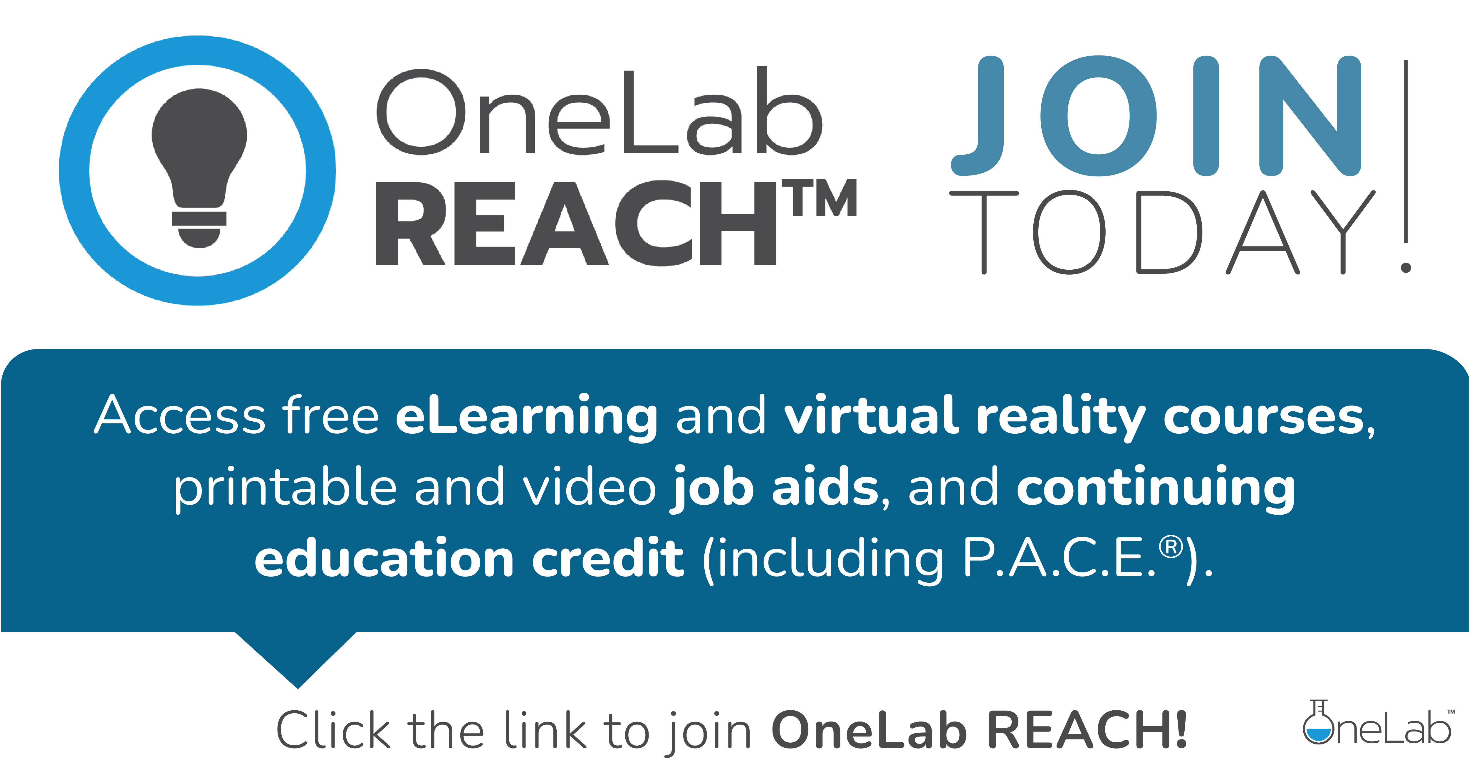 Blue, black, and green text graphic with call to action for users to join OneLab REACH.