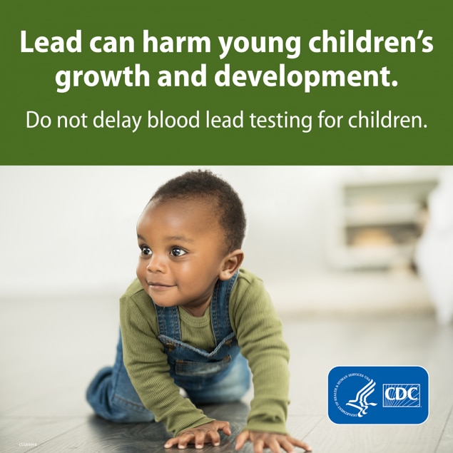 Young boy crawling on the floor with a green banner on the top that reads "Lead can harm young children's growth and development. Do not delay blood lead testing for children."