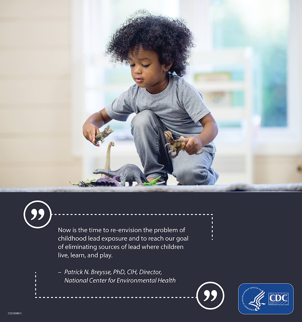 A small boy playing with plastic dinosaur toys with a quote below.