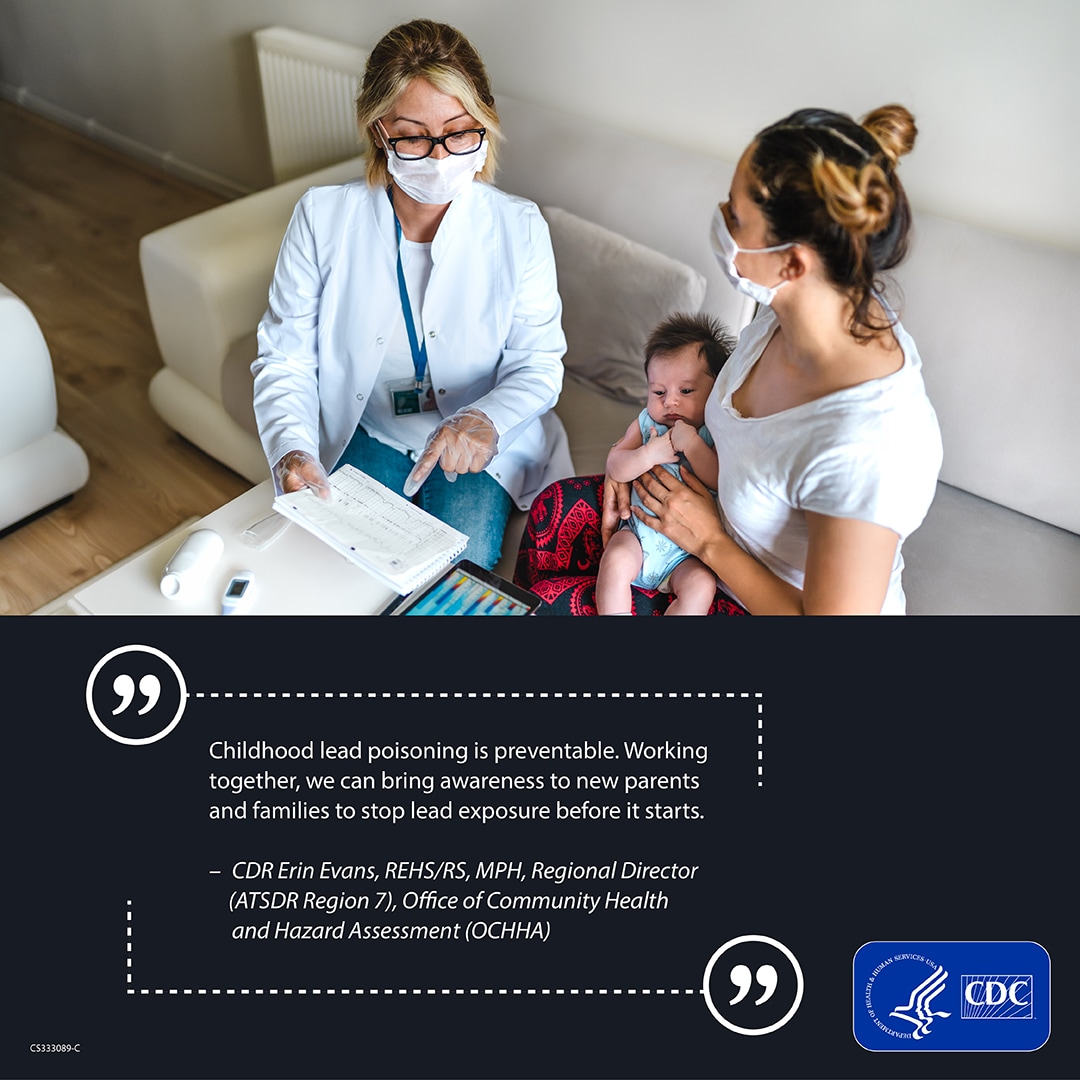 A female pediatrician talking to a mother and her child with a quote below.
