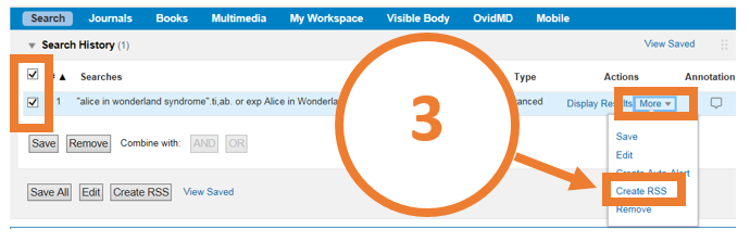 Screen shot of Ovid Search Alert showing the "more" drop down menu and the "create RSS" button.