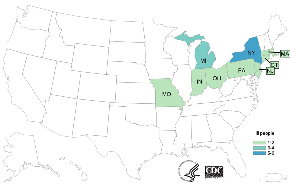 Map of persons infected with the outbreak strain of Listeria monocytogenes, by state of residence, as of March 25, 2016 (n=19) 