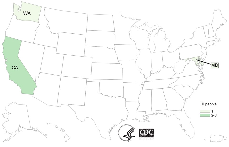 Map of persons infected with the outbreak strain of Listeria monocytogenes, by state of residence, as of May 3, 2016