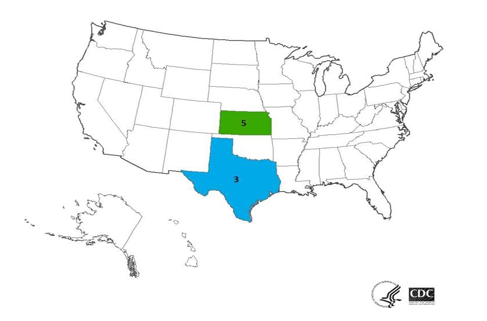 Map of persons infected with the outbreak strains of Listeria monocytogenes, by state of residence, as of April 8, 2015 (n=8)