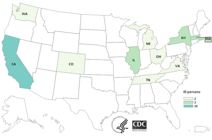 Map of persons infected with the outbreak strains of Listeria monocytogenes, by state of residence, as of October 20, 2015 (n=30) 