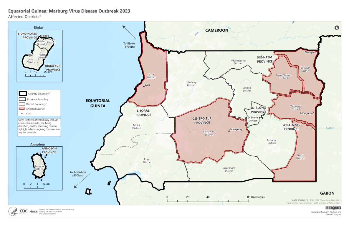 Map of Equatorial Guinea showing the location of MVD cases